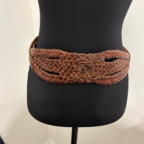 Brown Leather Braided Wide Waist Belt silver tone Concho Medium Boho western - Picture 3 of 9